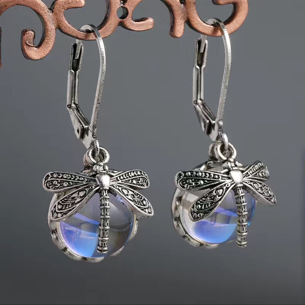 Silver Dragonfly Moonstone Round Dangle Drop Vintage Bohemian Earrings Nwt